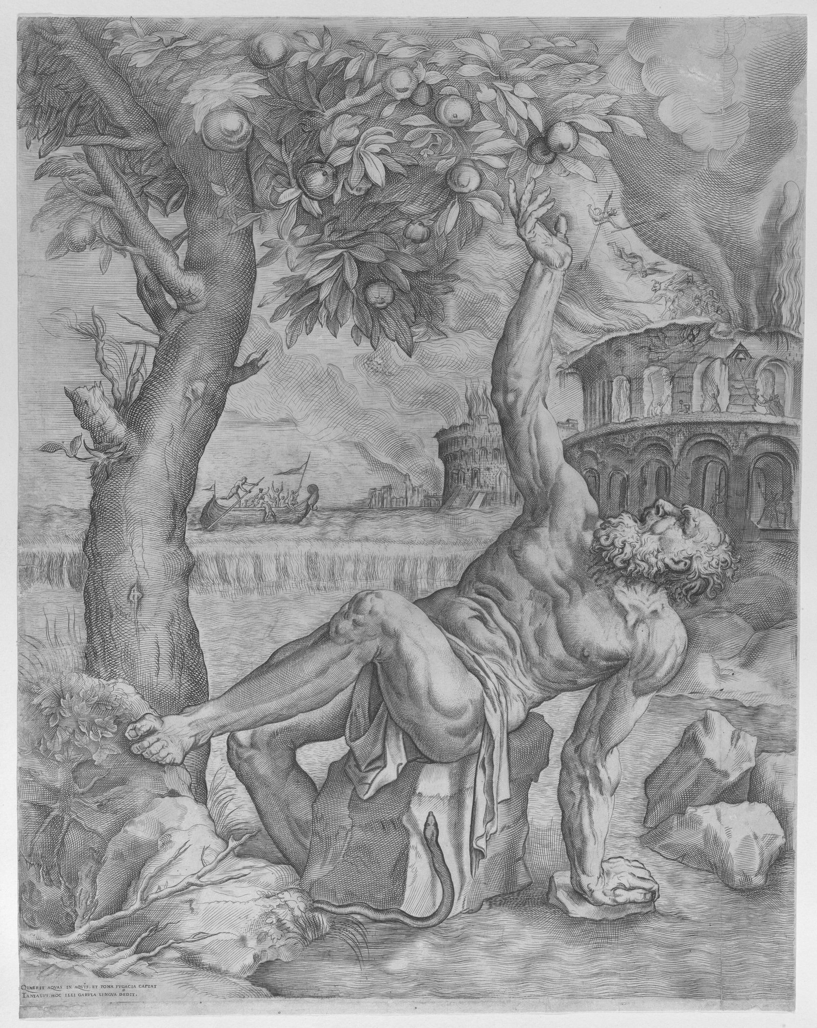titian tantalus sanuto engraving 朱利奥·萨努托按提香原作刻制的版画:坦塔洛斯伸手去够头顶的果子