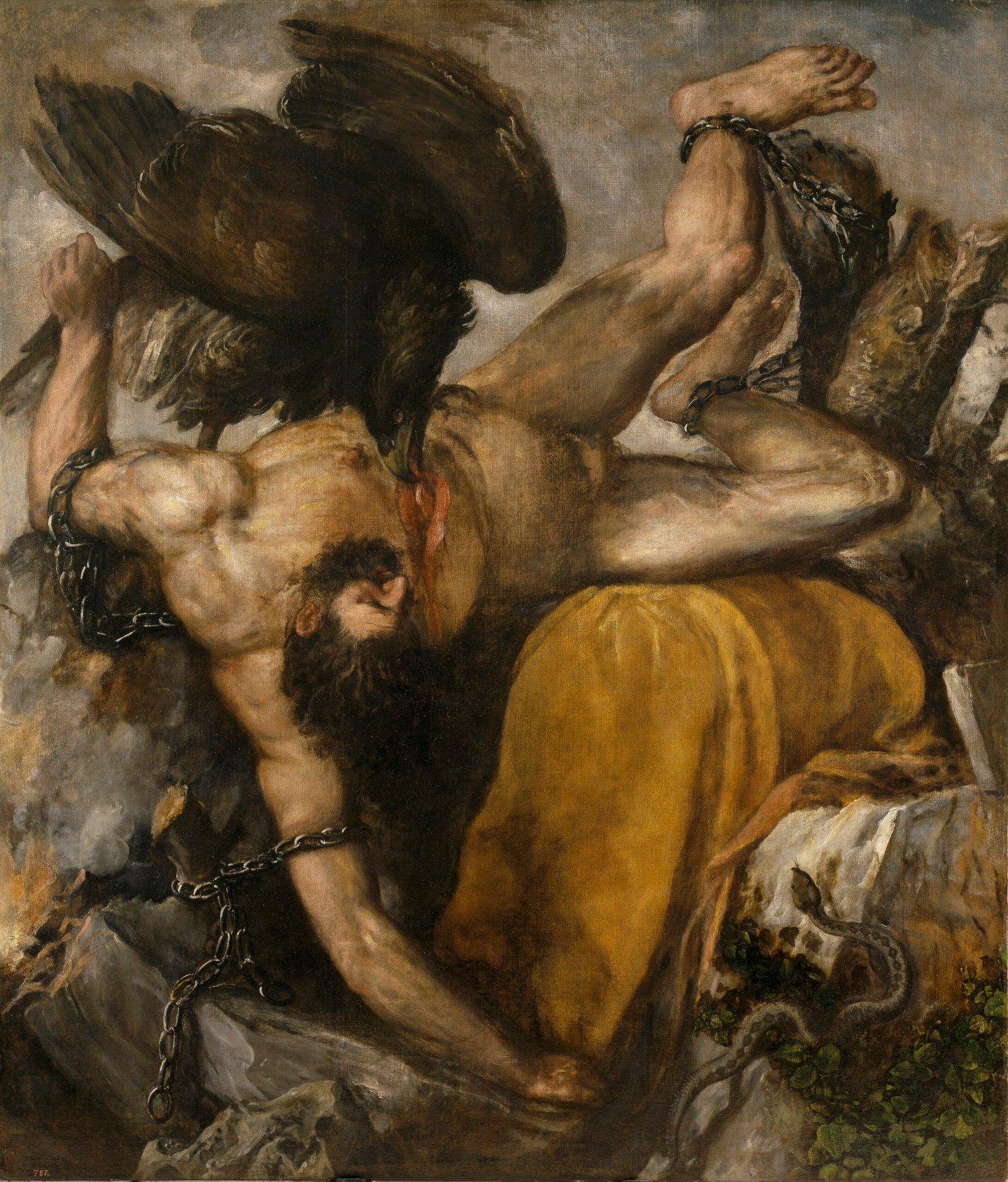 titian tityus prado 提香《提堤俄斯》:巨人被锁在树干上,巨鸟啄食他的肝脏,普拉多博物馆藏